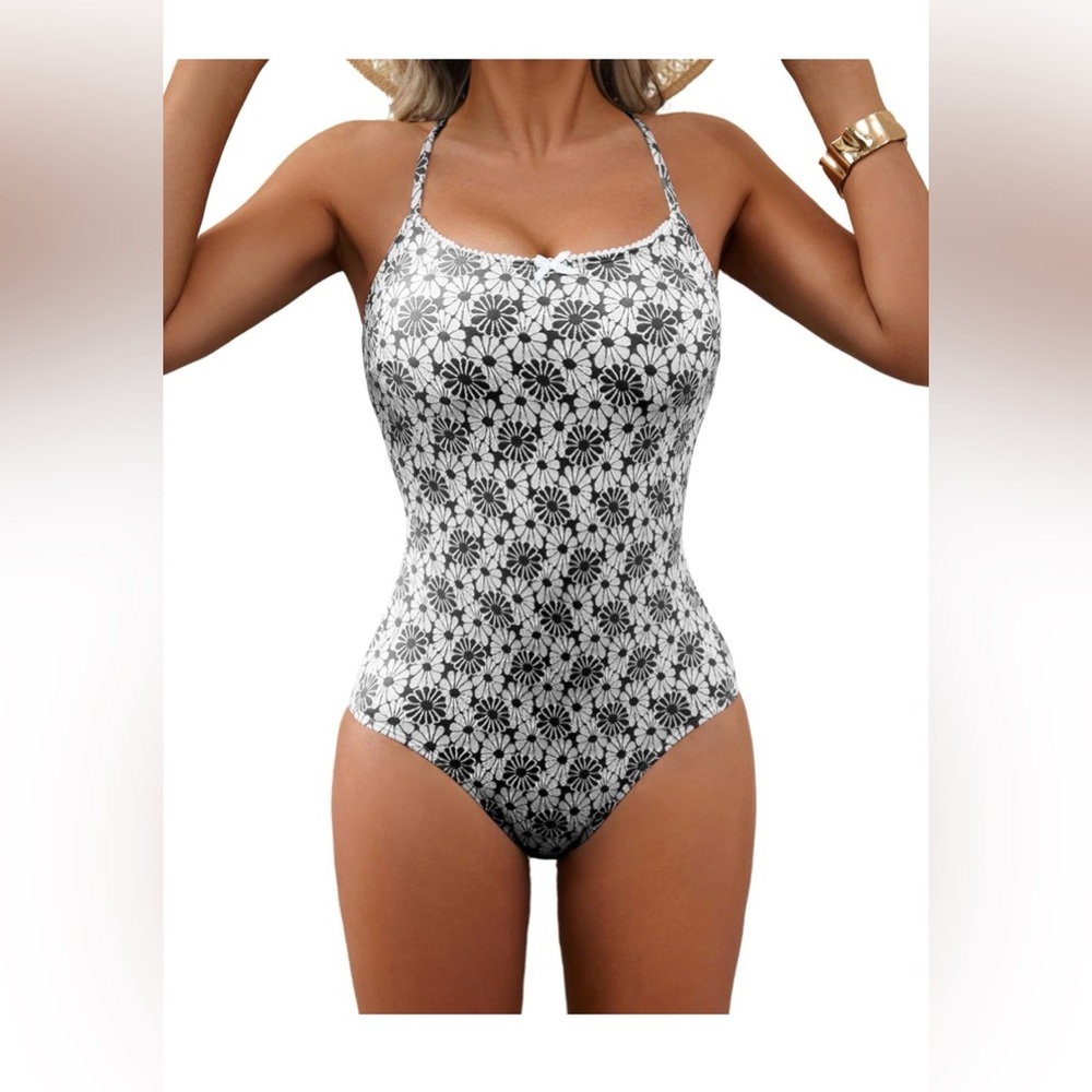 Floral Black and White Tummy Control Swimsuit NWT Large